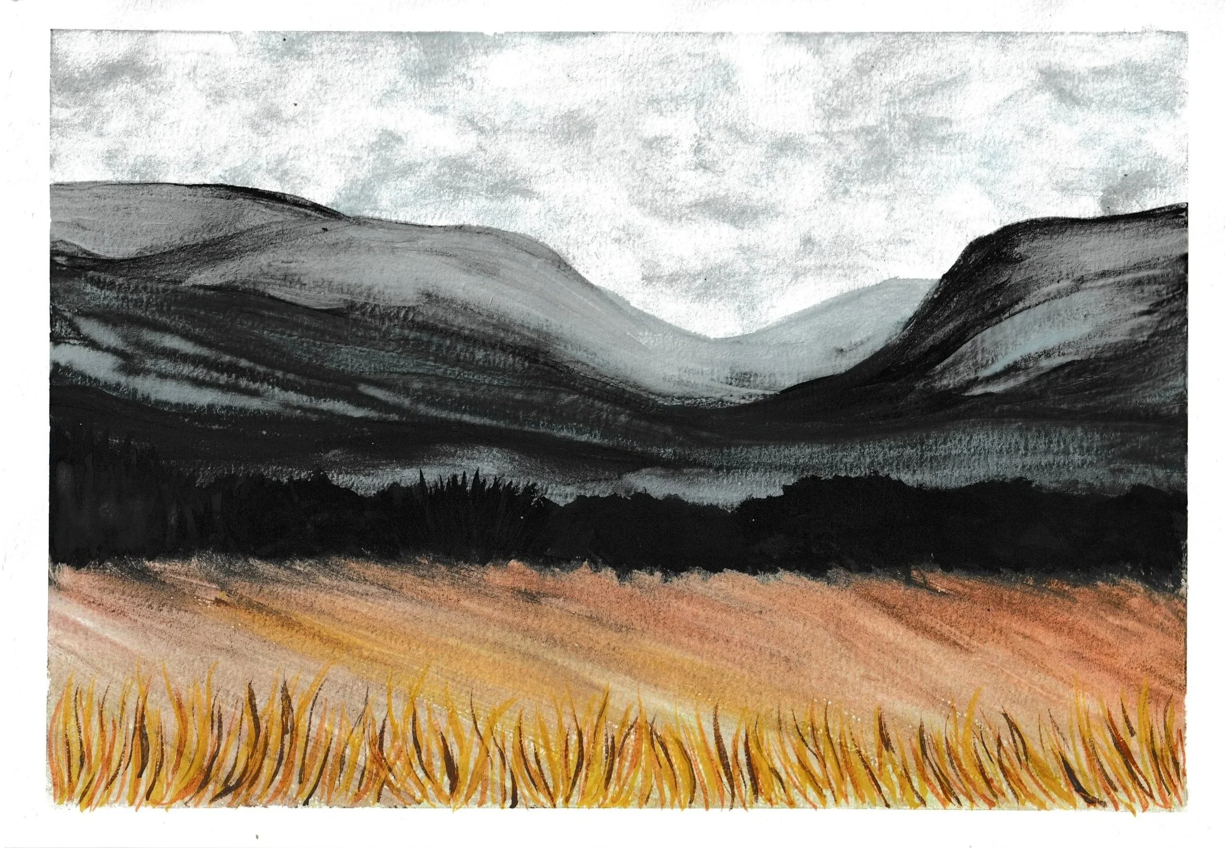 A monochromatic watercolor painting of a landscape with rolling hills and mountains in the background, a dark forest or bushes in the middle ground, and a field of golden grass in the foreground under a cloudy sky.