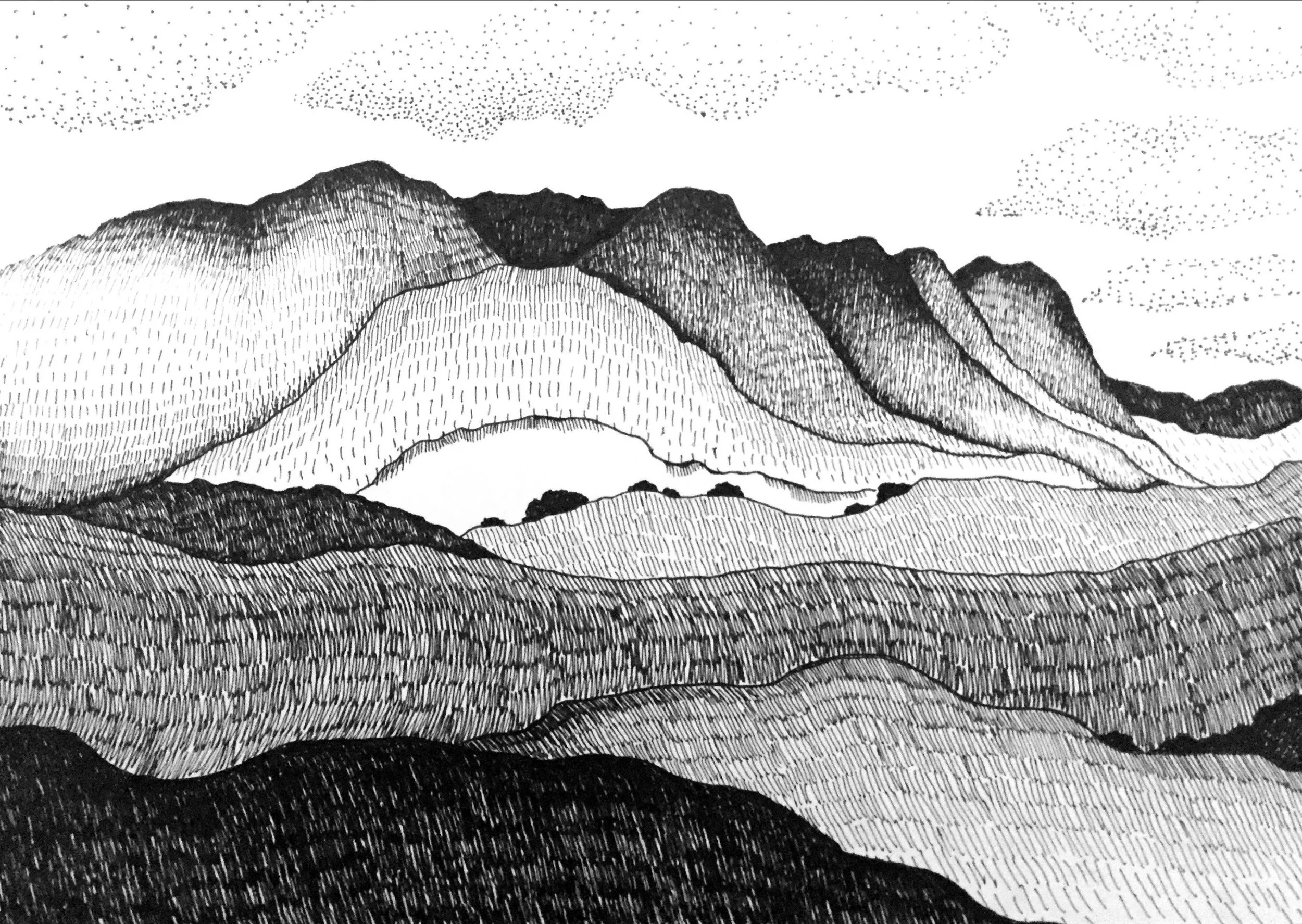 Black and white line drawing of a mountain landscape with layered hills and peaks, and a sky with dotted clouds.