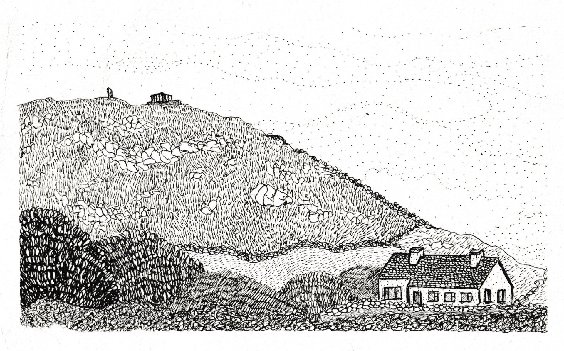 Hand-drawn black and white illustration of a rural scene with a house in the foreground, trees, and a hill with rocky terrain and a small building at the top under a dotted sky.