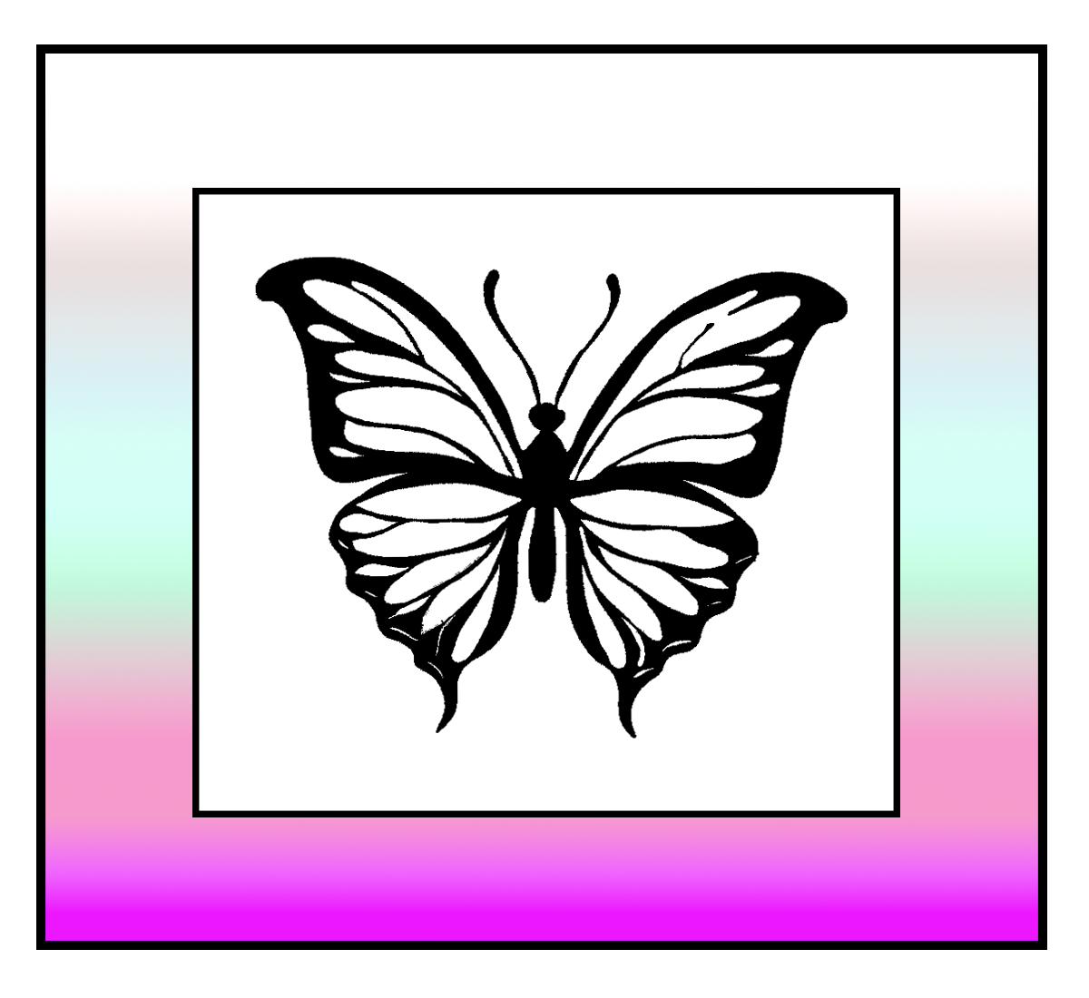 Black and white illustration of a butterfly with detailed wings.