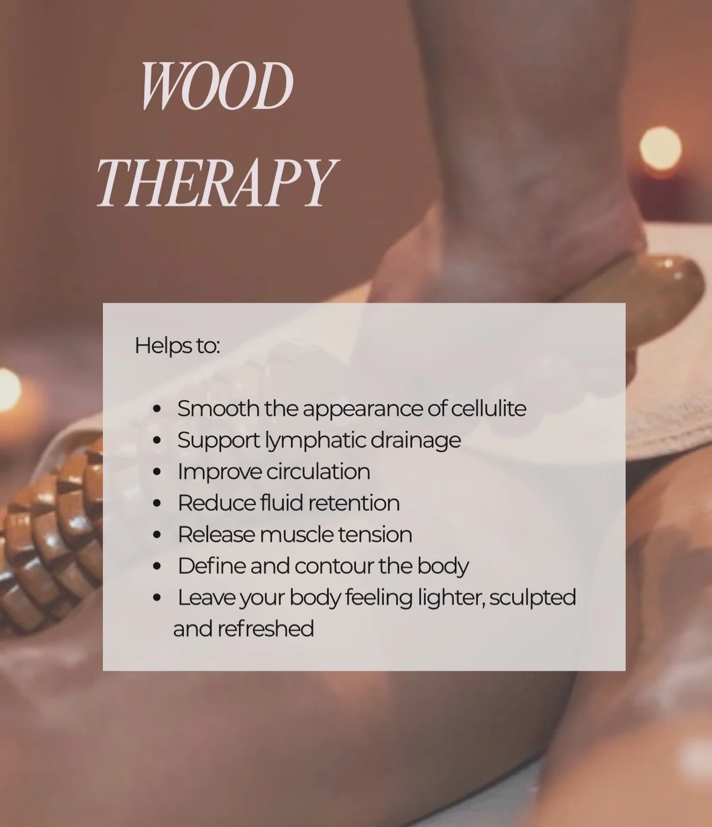Feeling heavy, bloated or like your body needs a little reset?
Wood Therapy can help your body feel lighter, smoother and more sculpted using natural wooden tools and targeted massage techniques.

It helps support lymphatic drainage, reduce fluid ret