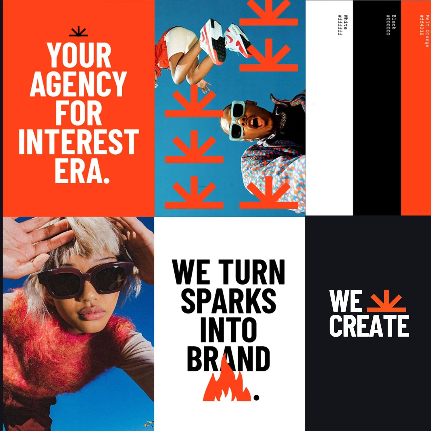 Collage aus Bildern und Texten, darunter eine junge Frau mit Sonnenbrille und bunter Felljacke, sowie weitere Textbotschaften wie "Your Agency for Interest Era" und "We turn sparks into brand".