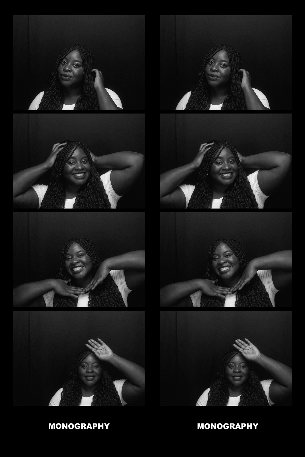 A black and white photo booth strip showing a woman with braided hair in six different poses, smiling and making playful gestures.