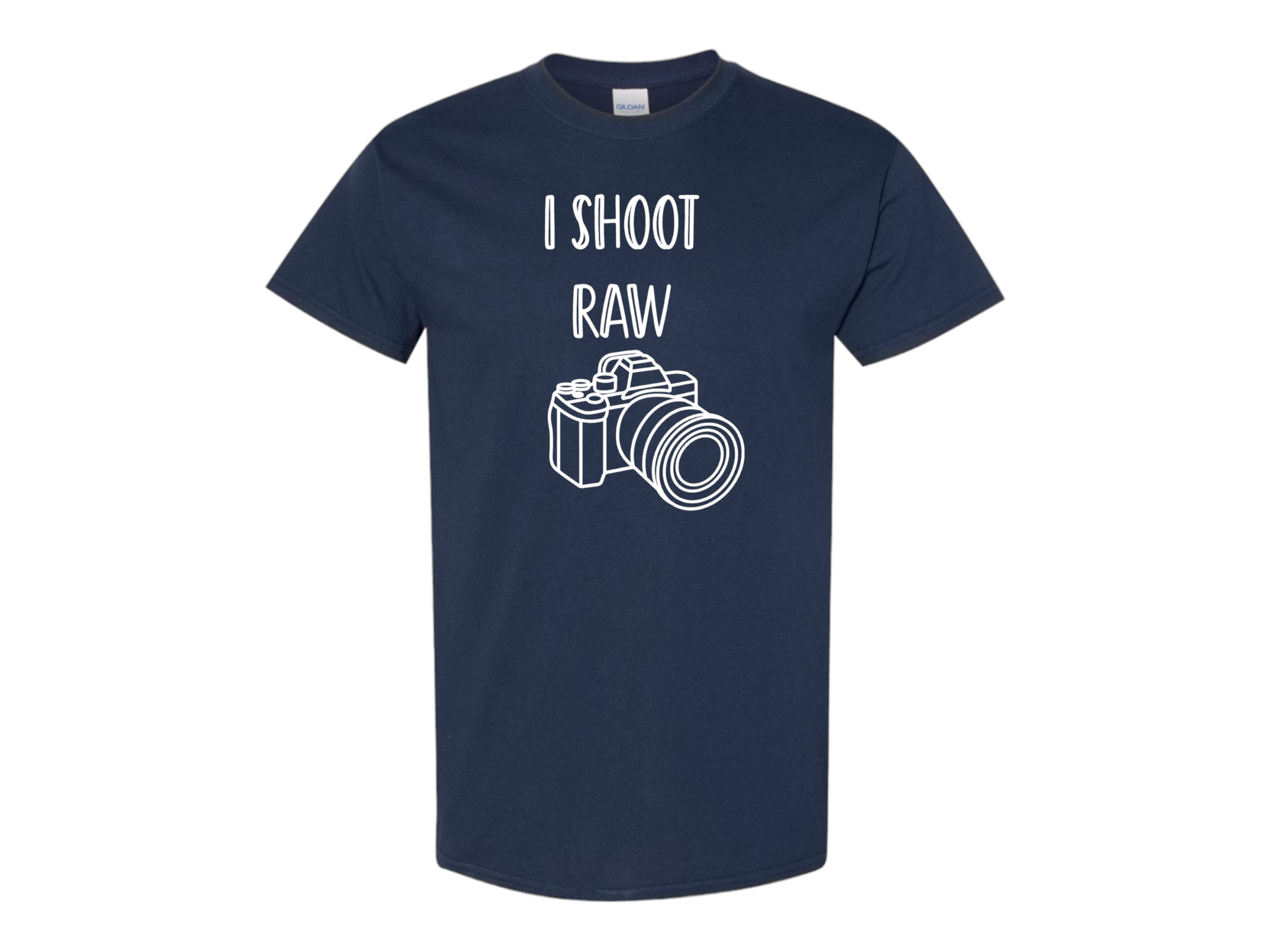 Navy blue T-shirt with white text that reads 'I SHOOT RAW' and a line drawing of a camera.