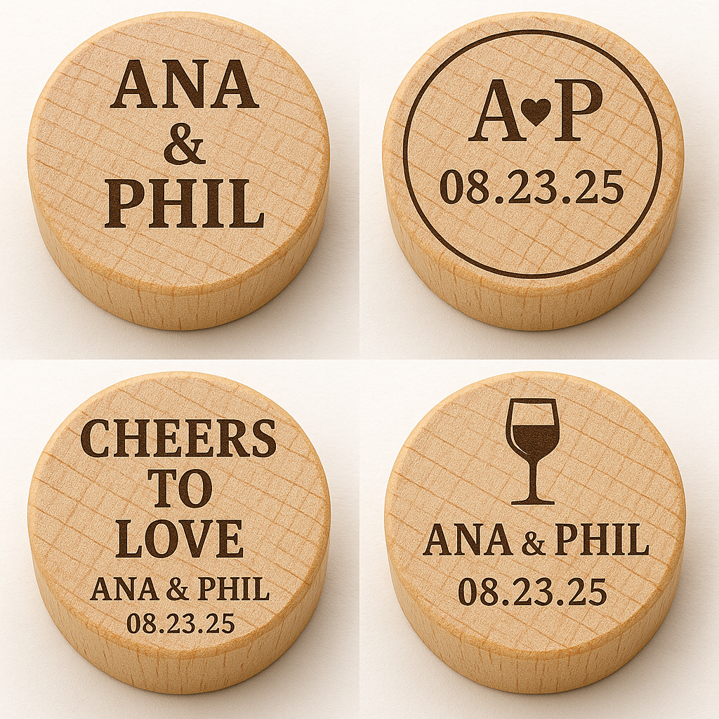Set of four wooden round tokens with engraved text and symbols, celebrating an event for Ana and Phil on August 23, 2025. One token displays the names 'ANA & PHIL,' another shows the initials 'A P' with a heart and date, a third reads 'CHEERS TO LOVE