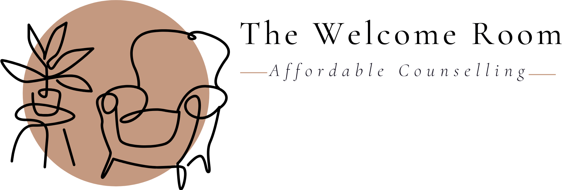 Logo for The Welcome Room, affordable counseling, featuring a minimalist line art drawing of a potted plant on a brown circle background.