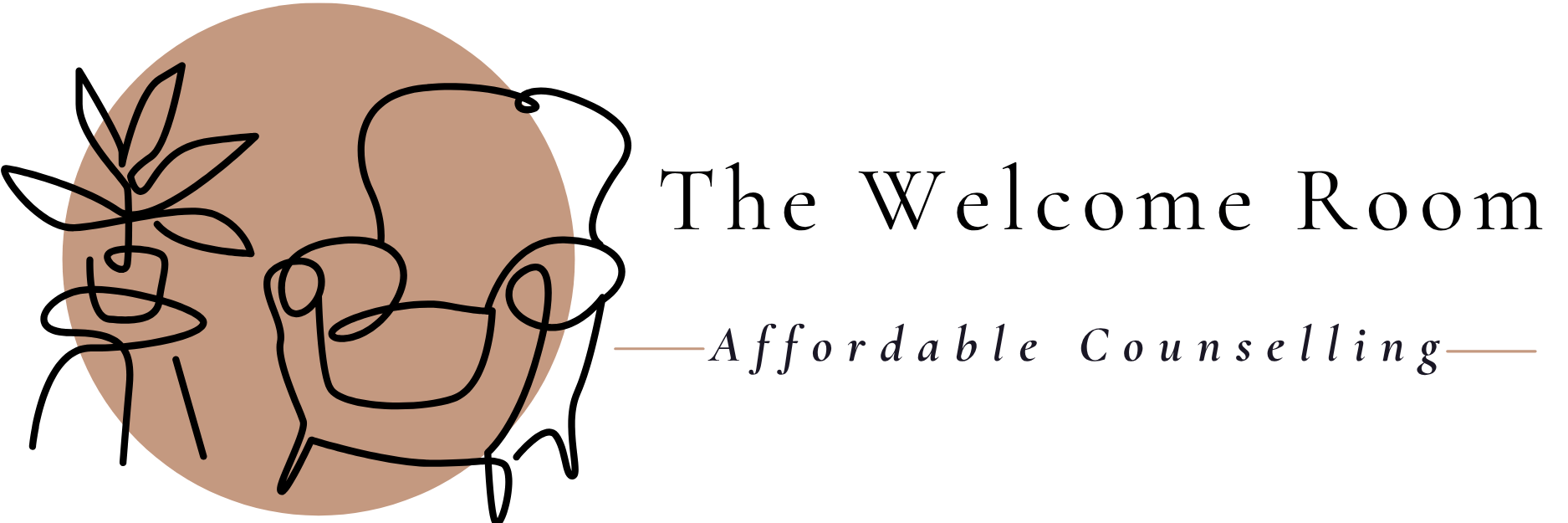 A graphic design with a light brown circle, black line drawing of a potted plant, and the text "The Welcome Room" with the subtitle "Affordable Counseling" in black and purple fonts.
