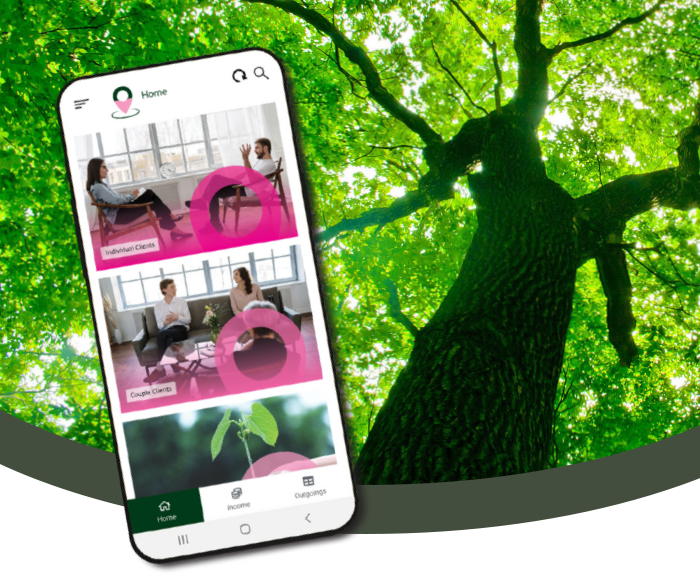 Smartphone displaying an app for client sessions, with options for individual and couple clients, set against a background of tall green trees and sunlight filtering through leaves.