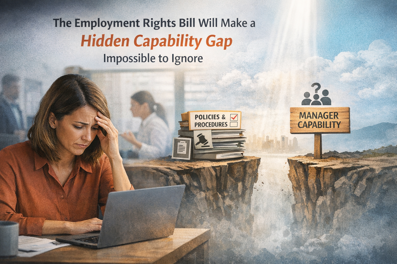 A woman sitting at a desk with a distressed expression, with a background showing a broken bridge with a gap. On the right side, there's a sign that says 'Manager Capability' and a stack of documents labeled 'Policies & Procedures.' The image is a digital illustration symbolizing the hidden capability gap caused by the employment rights bill.
