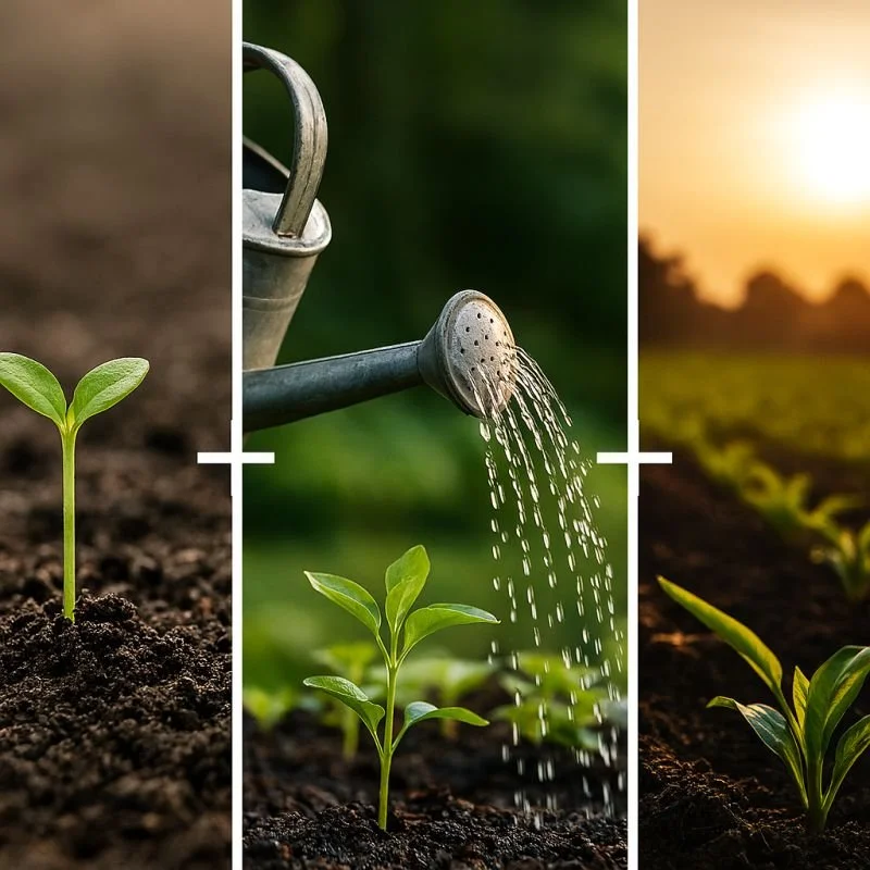 Sequence showing a plant seedling sprouting, being watered with a watering can, and growing in sunlight.