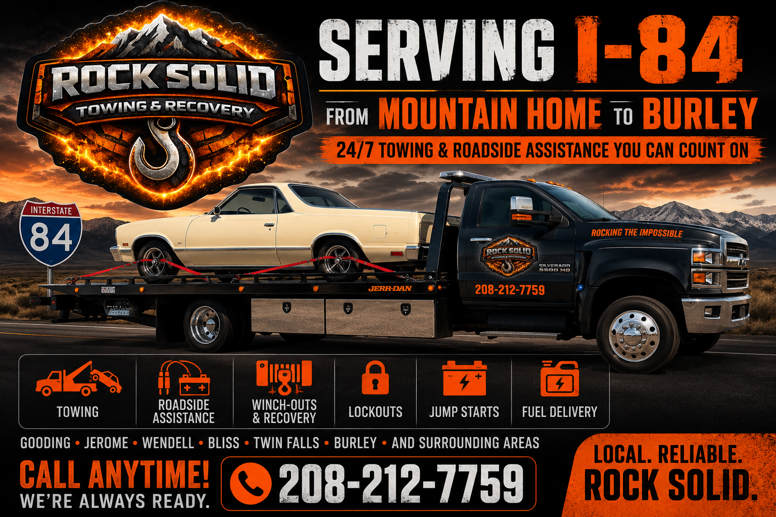 Promotional graphic for Rock Solid Towing & Recovery featuring a heavy-duty flatbed tow truck hauling a classic car along Interstate 84 in Southern Idaho. The image highlights 24/7 towing and roadside assistance services from Mountain Home to Burley,