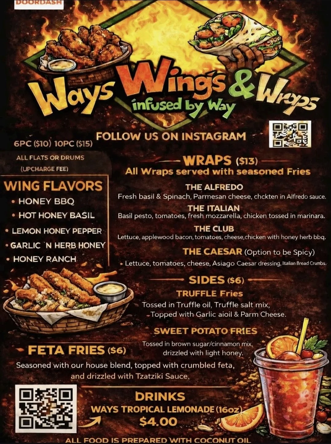 Menu for Ways Wings & Wraps, featuring wing flavors, wrap options, sides, and drinks, with images of chicken wings, wraps, fries, and a tropical lemonade.