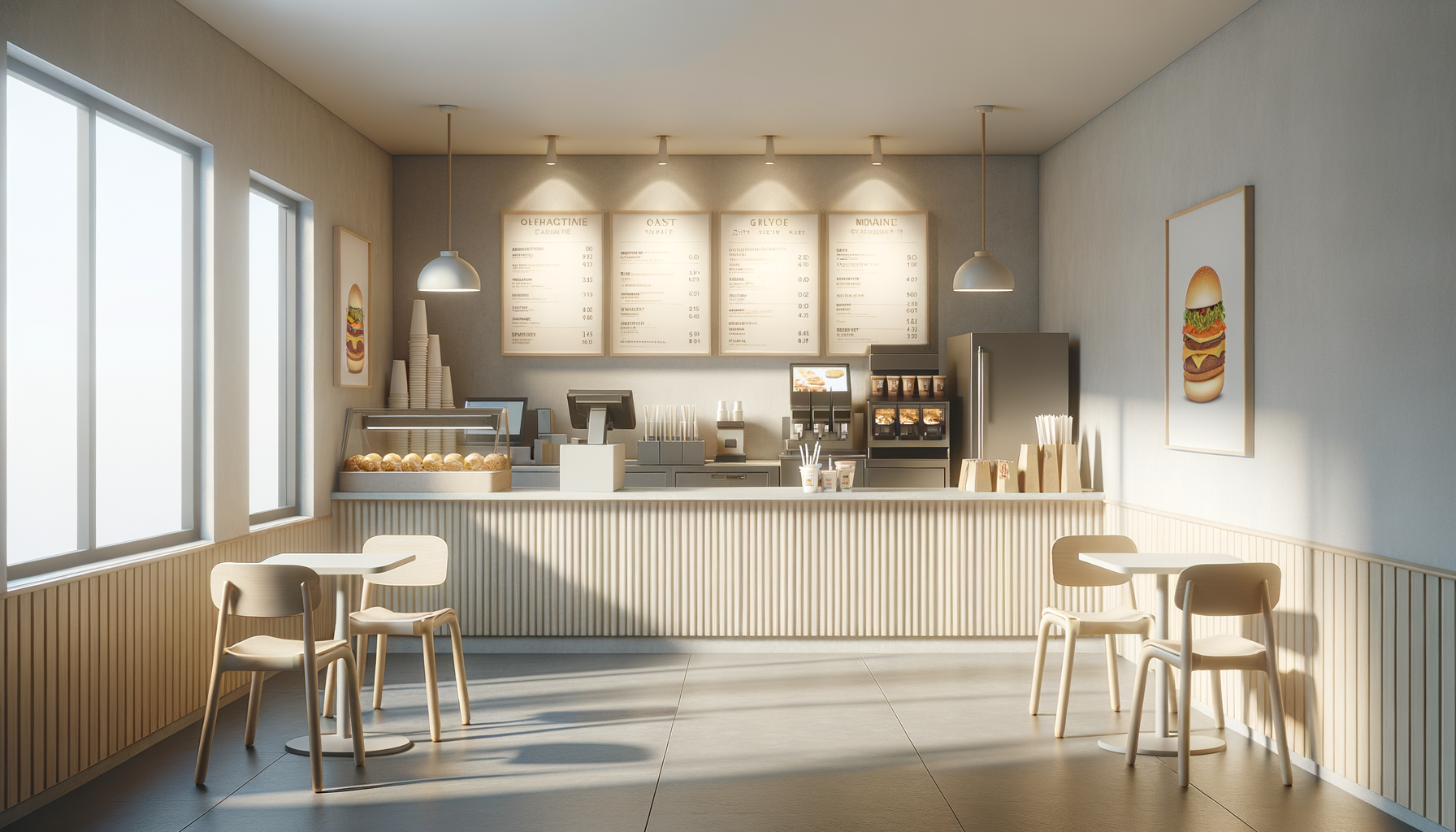 Empty cafe counter with coffee machines, menu boards, and seating area with four chairs and tables