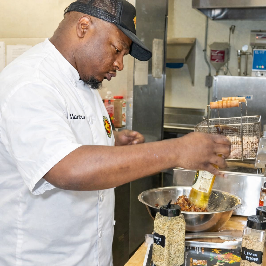 Chef Marcus wearing a white coat and a black cap preparing food in a kitchen, pouring a bottle of beer into a mixing bowl with spices and ingredients, with kitchen utensils and bottles on the counter.