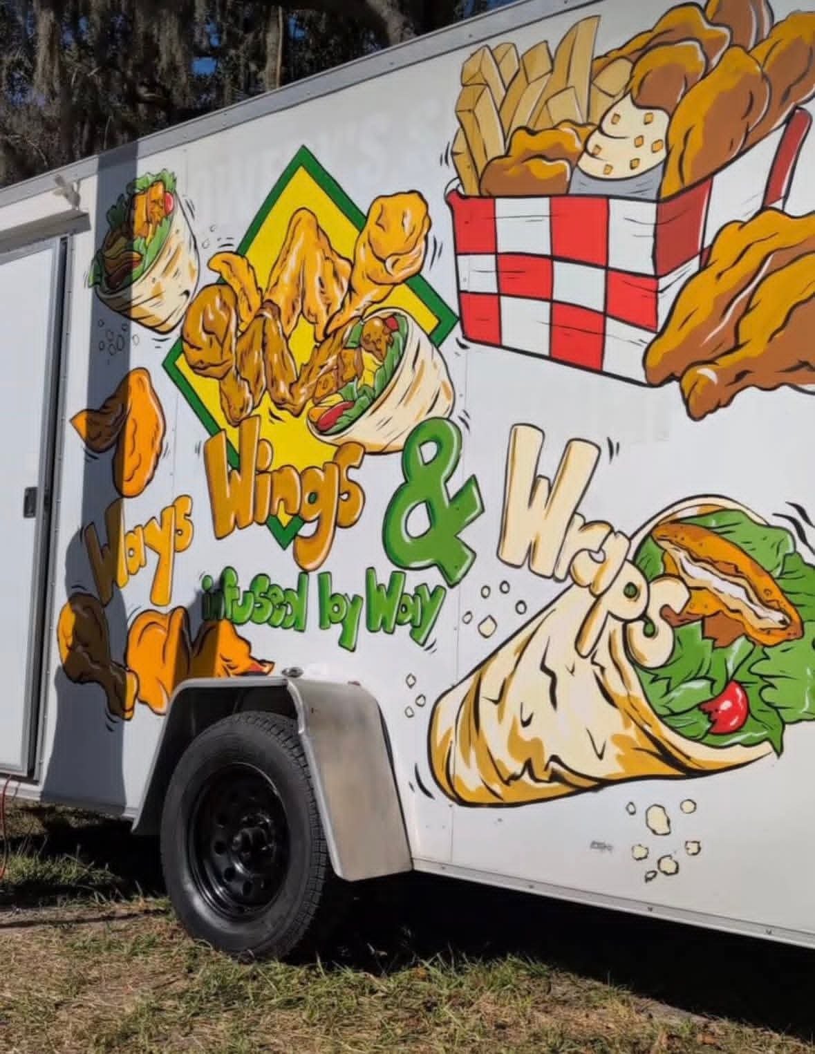 A colorful food truck advertisement for Wagy's Wings & Wazy, showcasing images of fried chicken wings, a wrap sandwich, a side of fries, and a carton of chicken wings.