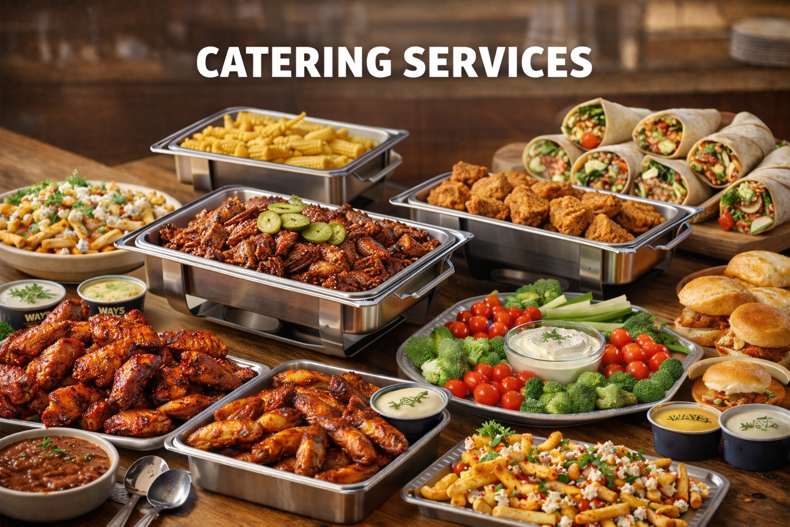 A variety of catering food including chicken wings, pasta salad, fried chicken, burritos, sliders, vegetable platter with dip, cherry tomatoes, celery, broccoli, and macaroni salad displayed on a wooden table.