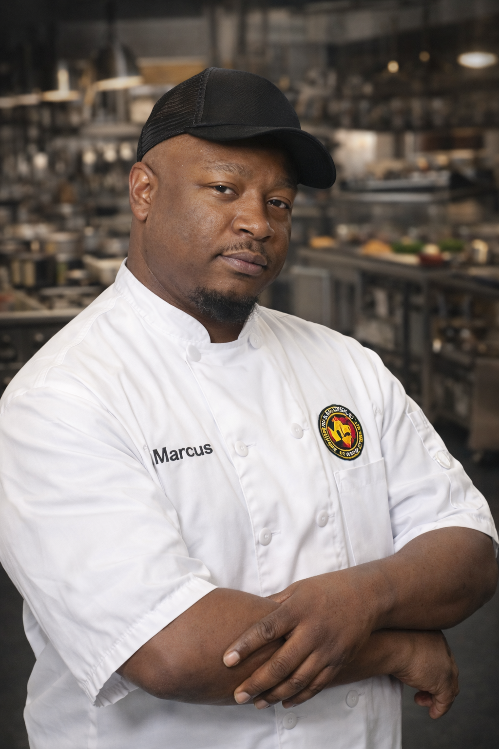 A male chef in a white chef's coat with the name 'Marcus' embroidered on it, crossing his arms, in a professional kitchen.