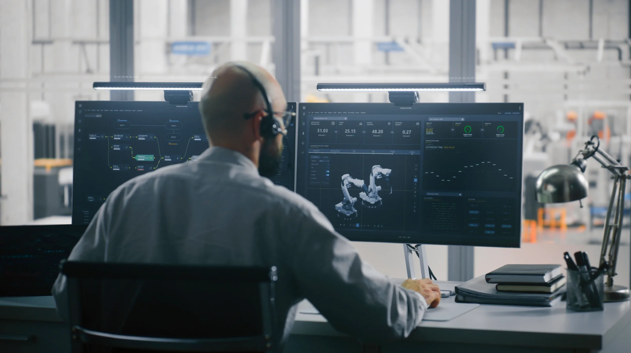 Ein Experte wertet an einem Monitor detaillierte Daten und 3D-Modelle von Industrierobotern aus, stellvertretend für die Digitalisierung des Einkaufs und dauerhafte Wertschöpfung durch Datenanalysen.