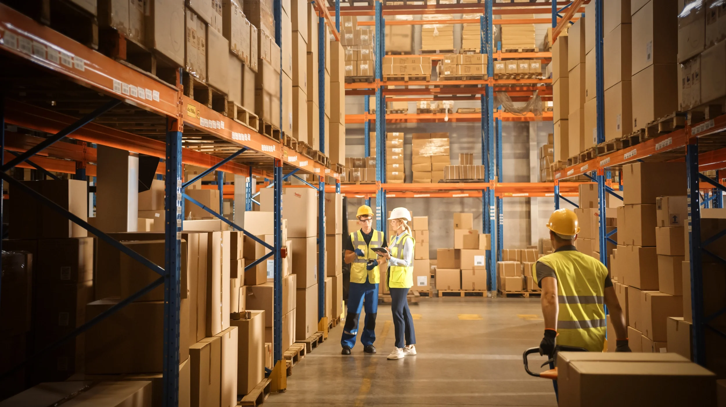 Zwei Logistikmitarbeiter in Warnwesten werten Daten auf einem Tablet in einem Hochregallager aus, stellvertretend für die strategische Analyse und Optimierung von Einkaufsprozessen.