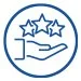 A hand holding a star rating badge with five stars and a shield