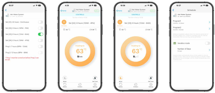 Screenshots of a mobile app interface for a hot water system, showing temperature controls, scheduling, and vacation modes.