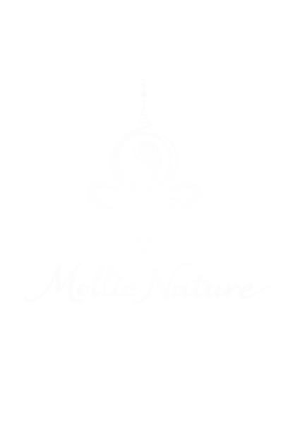 A black and white logo featuring a stylized leaf or flame symbol with a droplet above it, and the text "Mollie Nature" written underneath.