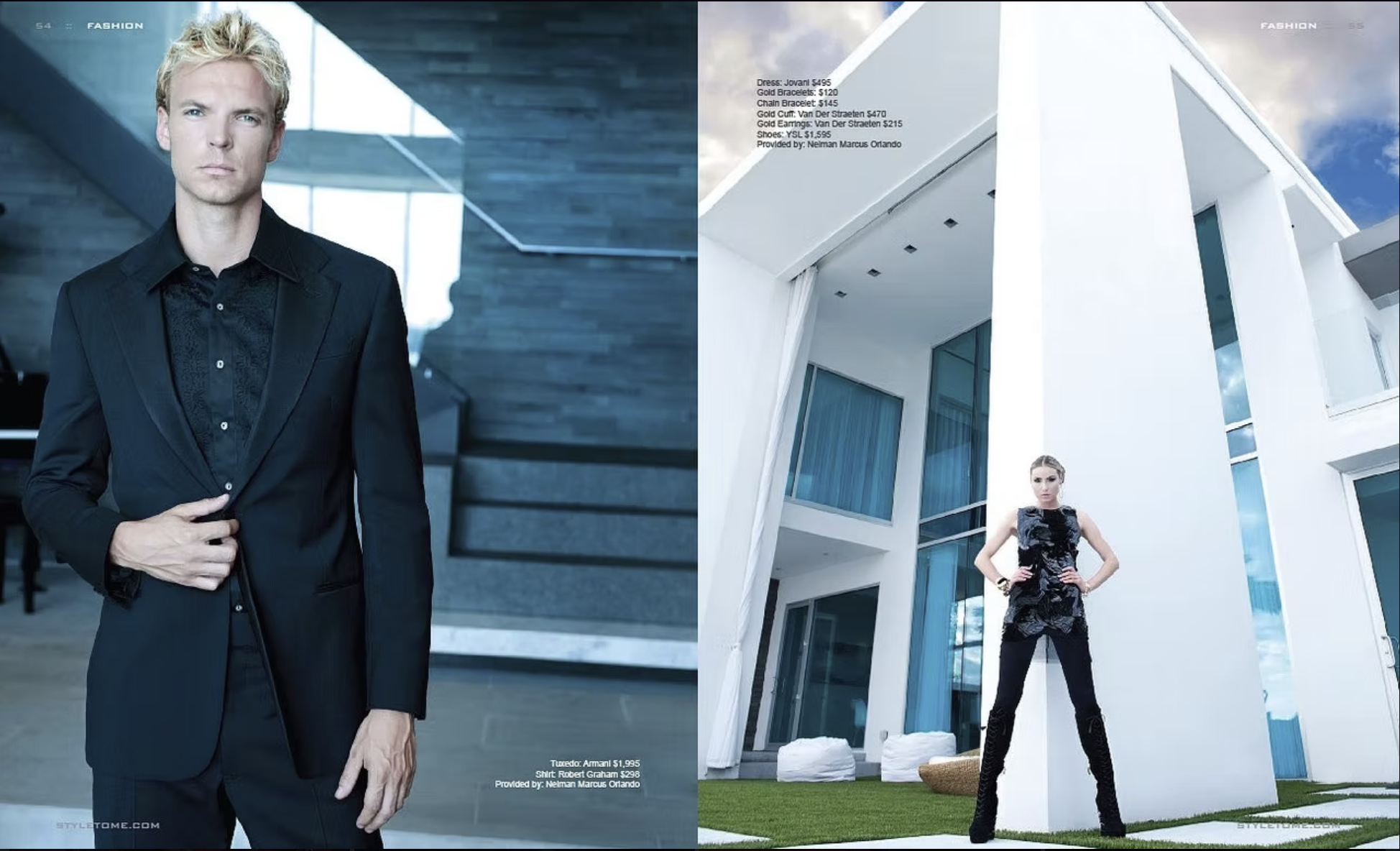Side-by-side fashion photos: on the left, a man with blond hair in a black tuxedo and shirt with intricate details, standing indoors against a modern staircase background; on the right, a woman with blonde hair in a sleeveless patterned dress and bla
