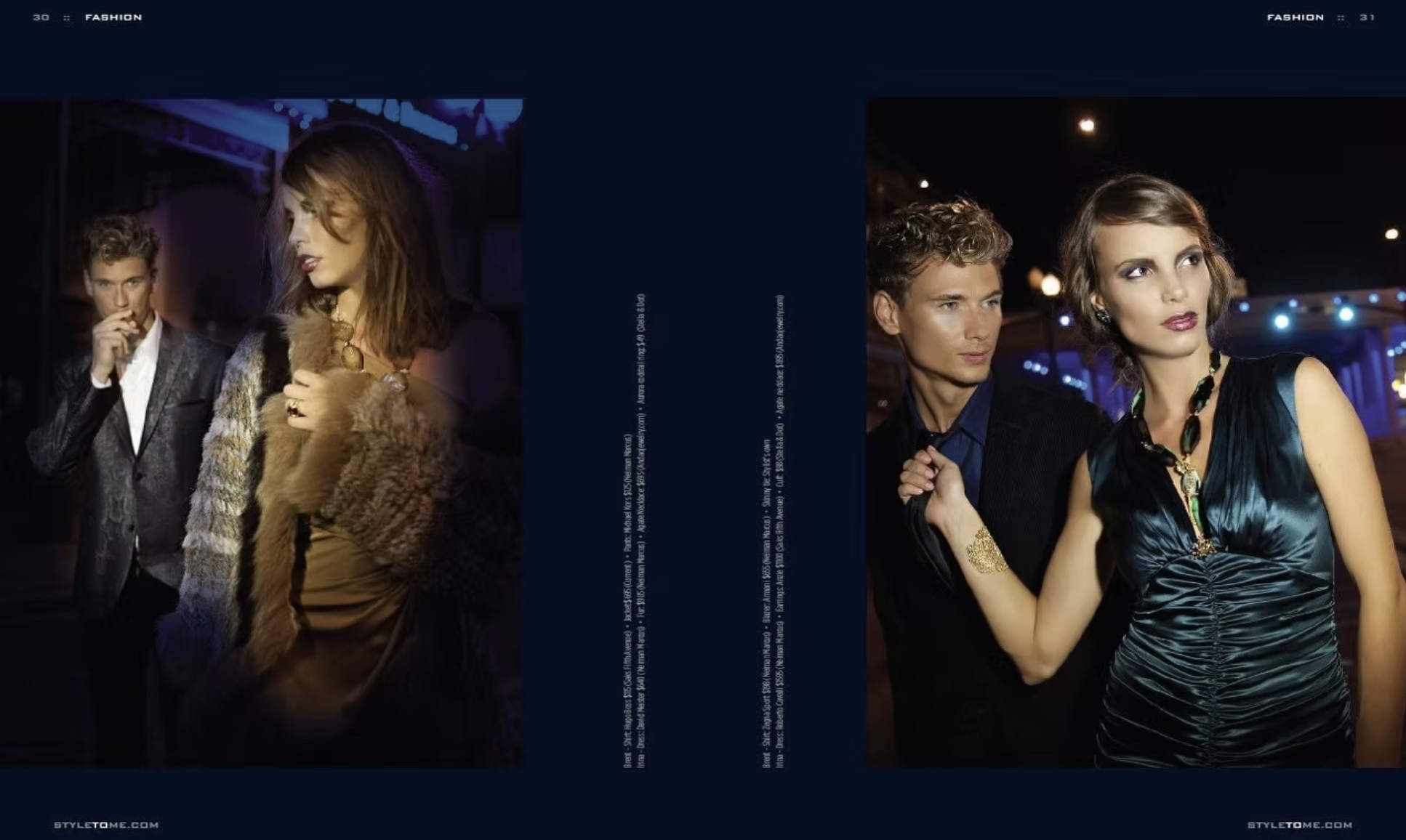 Two separate fashion photos of young adults at night, dressed in stylish, elegant clothing at what appears to be a nightclub or party setting.