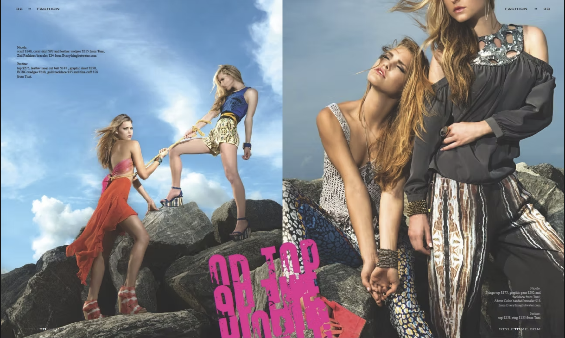 Two photos of women modeling fashion clothing outdoors. The left photo shows two women standing on rocks, one in a coral skirt and strapless top, the other in a patterned dress, both with wavy blonde hair. The right photo features two women, one with
