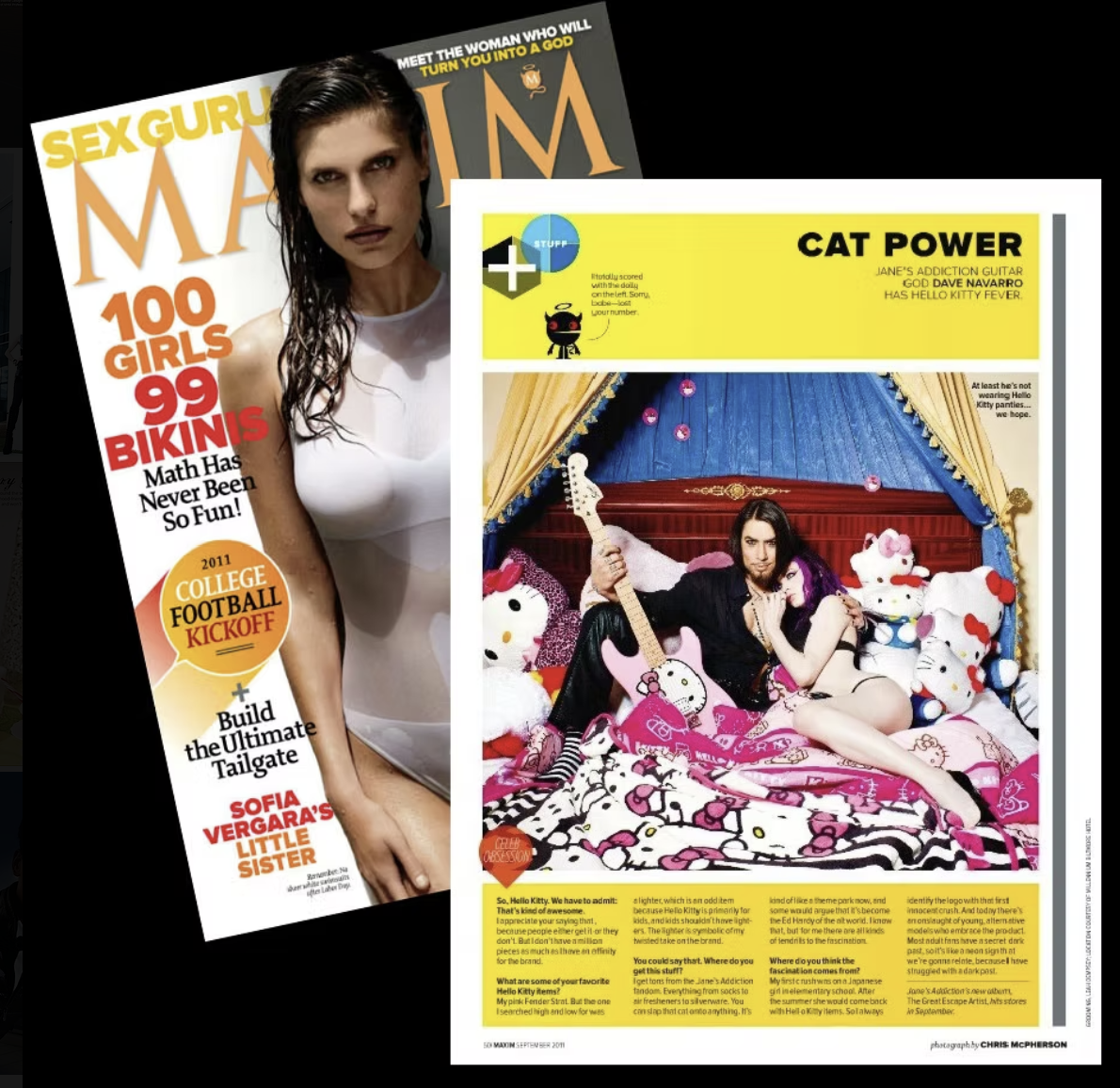 A magazine cover featuring a woman in a white tank top on the left and a photograph of a man and woman on a bed with Hello Kitty plush toys on the right.