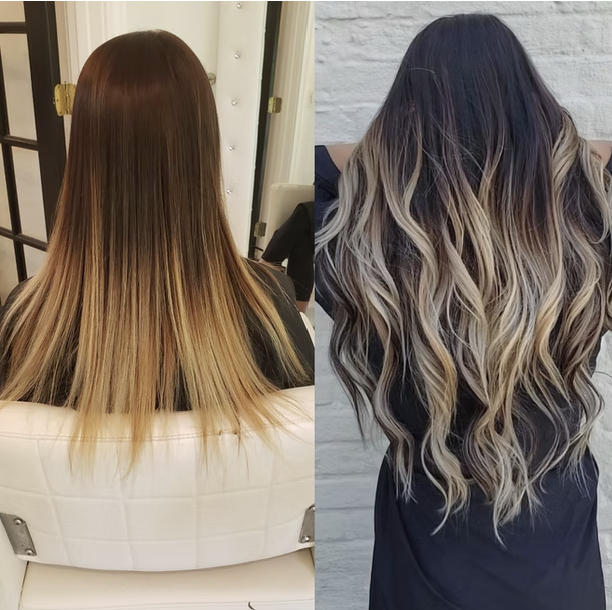 Side-by-side comparison of two women showcasing different hairstyles. The woman on the left has straight, shoulder-length hair with a brown-to-blonde gradient. The woman on the right has long, wavy hair with darker roots and blonde highlights.