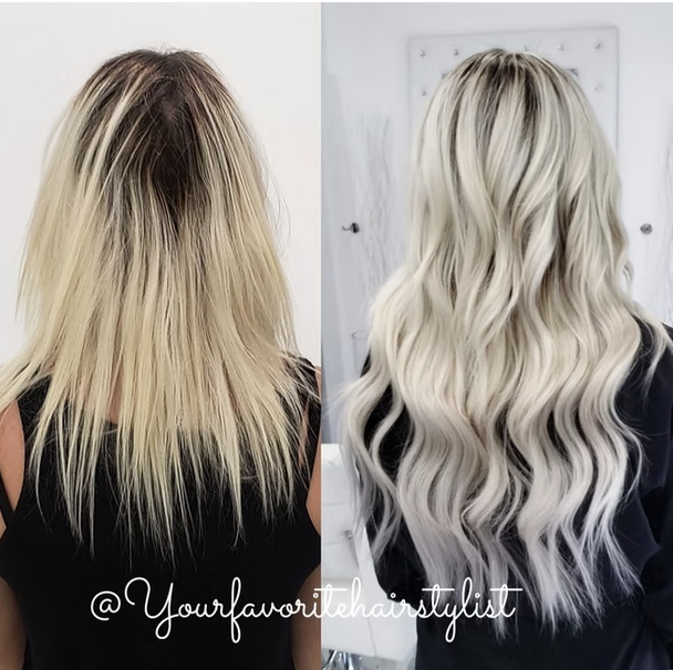 Side-by-side comparison of a woman's hair before and after a professional styling. The left shows straight, slightly messy blonde hair, and the right shows the same hair styled in long, soft, flowing waves with a shiny finish.