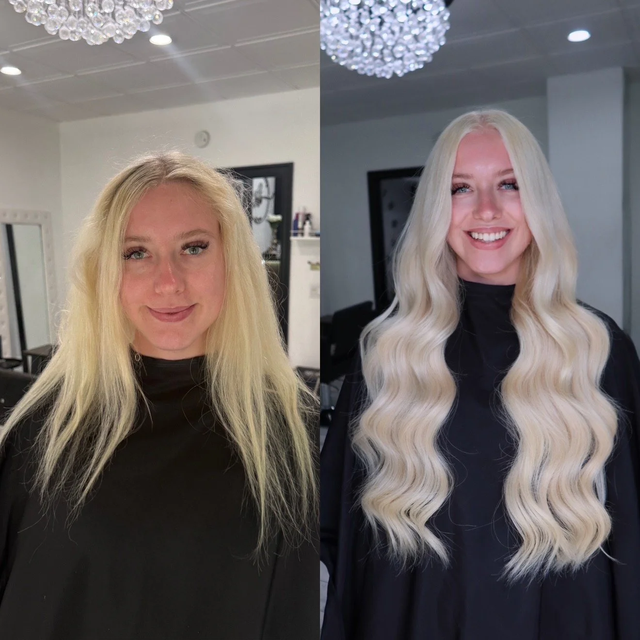 Before and after hair  extensions preformed at Salon amoura near ucf, downtown Orlando, Avalon park, Waterford lakes, and oviedo specializing in hand tied hair extensions 24 inch wefts