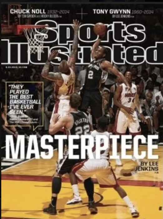 A sports illustration from Sports Illustrated featuring a basketball game scene with players in action on the court. The headline reads 'Masterpiece' and features the names Chuck Noll and Tony Gwynn, with dates 1932-2014 and 1960-2014.