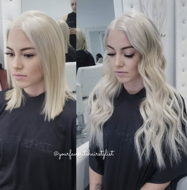 Side-by-side comparison of a woman with blonde hair before and after a hairstyling transformation at a salon