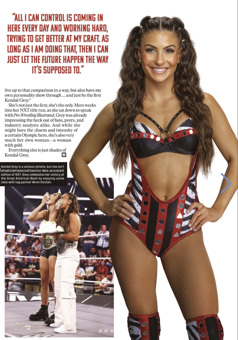 Kendal Grey, a female professional wrestler, smiling confidently in wrestling gear featuring red, black, and white colors with reflective studs, standing with her hands on her hips. An inset photo shows her in the wrestling ring wearing her champions