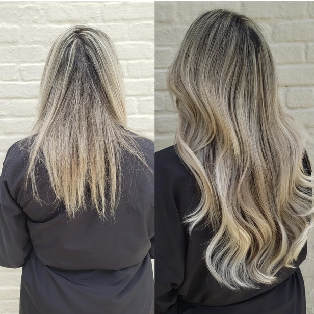 Comparison of a woman's hair before and after a professional hair treatment, showing improved color and styled curls.