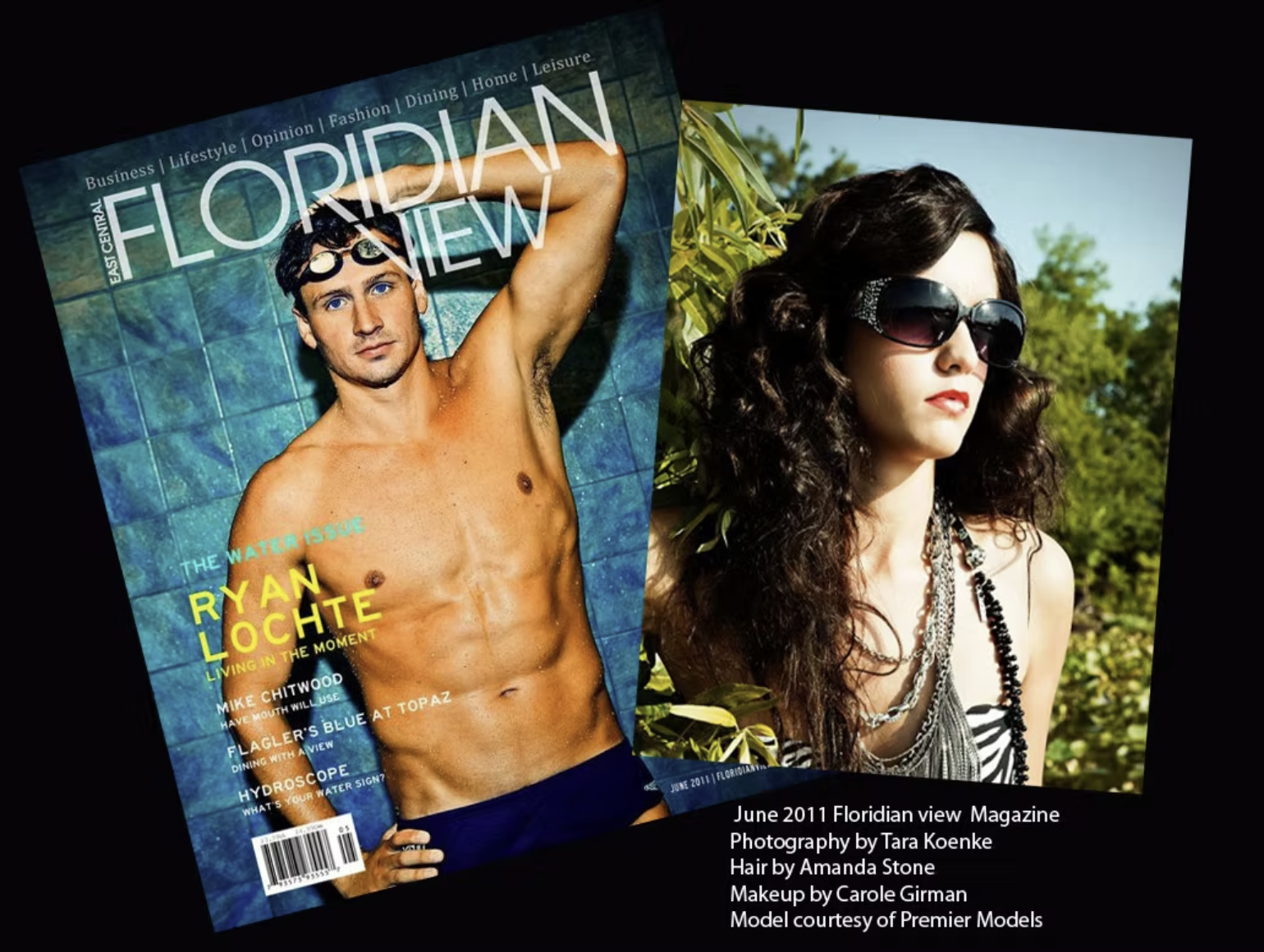 Two magazine covers, one featuring a shirtless man with swimming goggles on his forehead, and the other featuring a woman with curly hair wearing sunglasses outdoors.