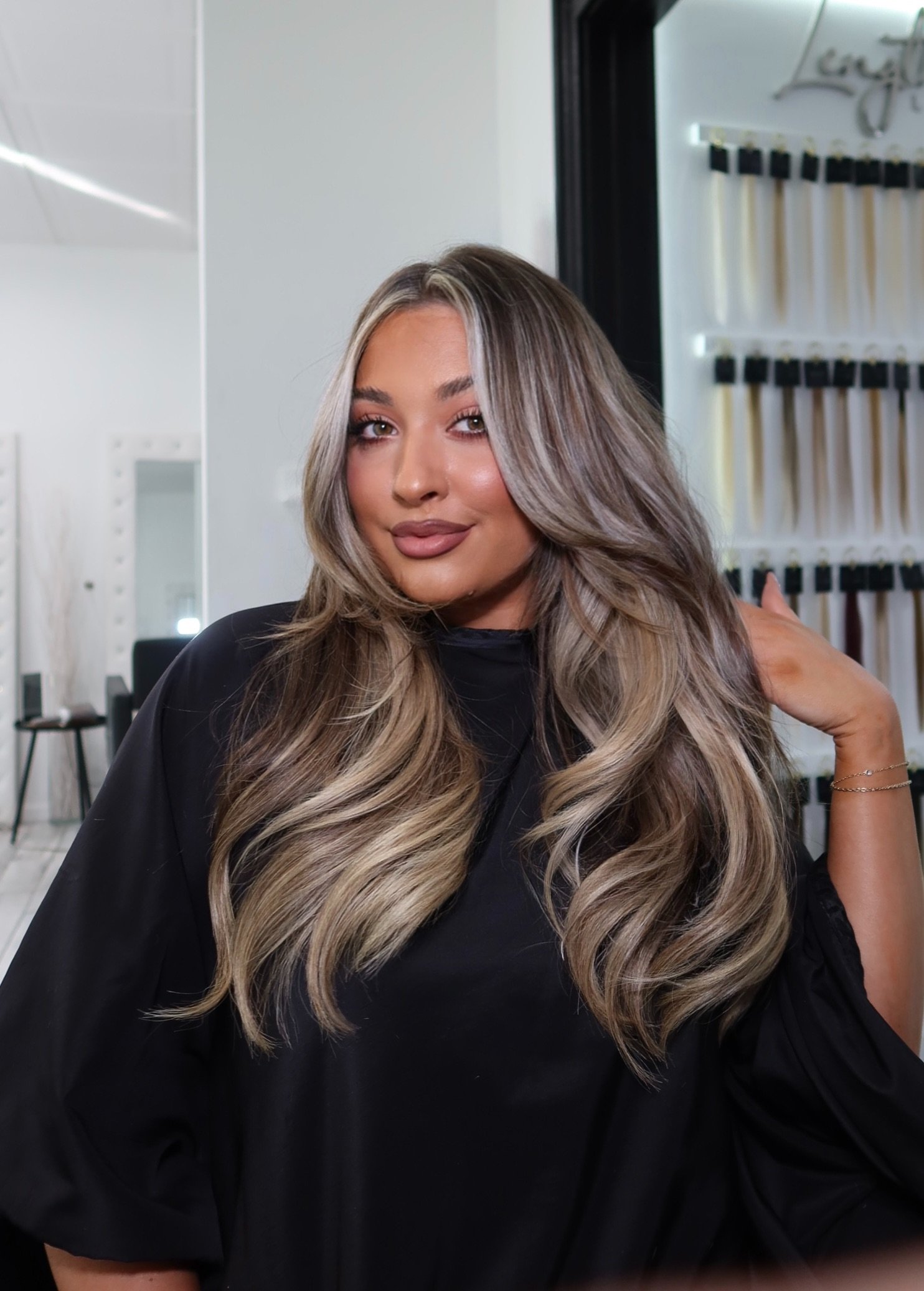 Hair extensions, a two row placement with dimensional highlights and lowlights on @Bynicolemaddie