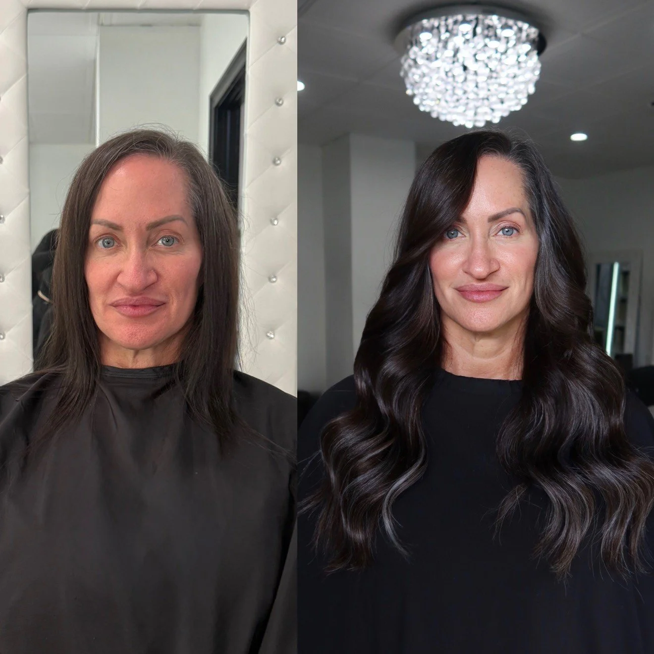 before and after hair extensions withgrey blending on brown hair, one row and itips
