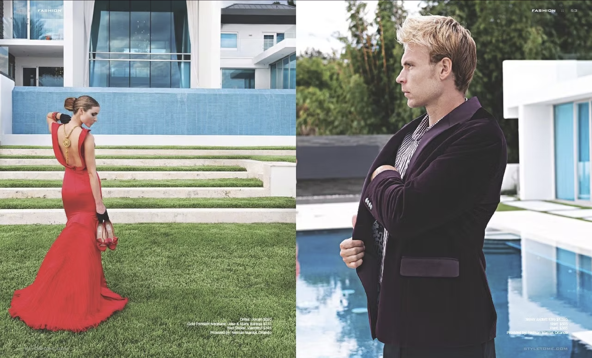A woman in a glamorous red evening gown holding red high heels and a small purse, standing on grass in front of a modern building with steps and large blue-tiled wall. A man in a dark jacket and patterned shirt stands with arms crossed next to a pool