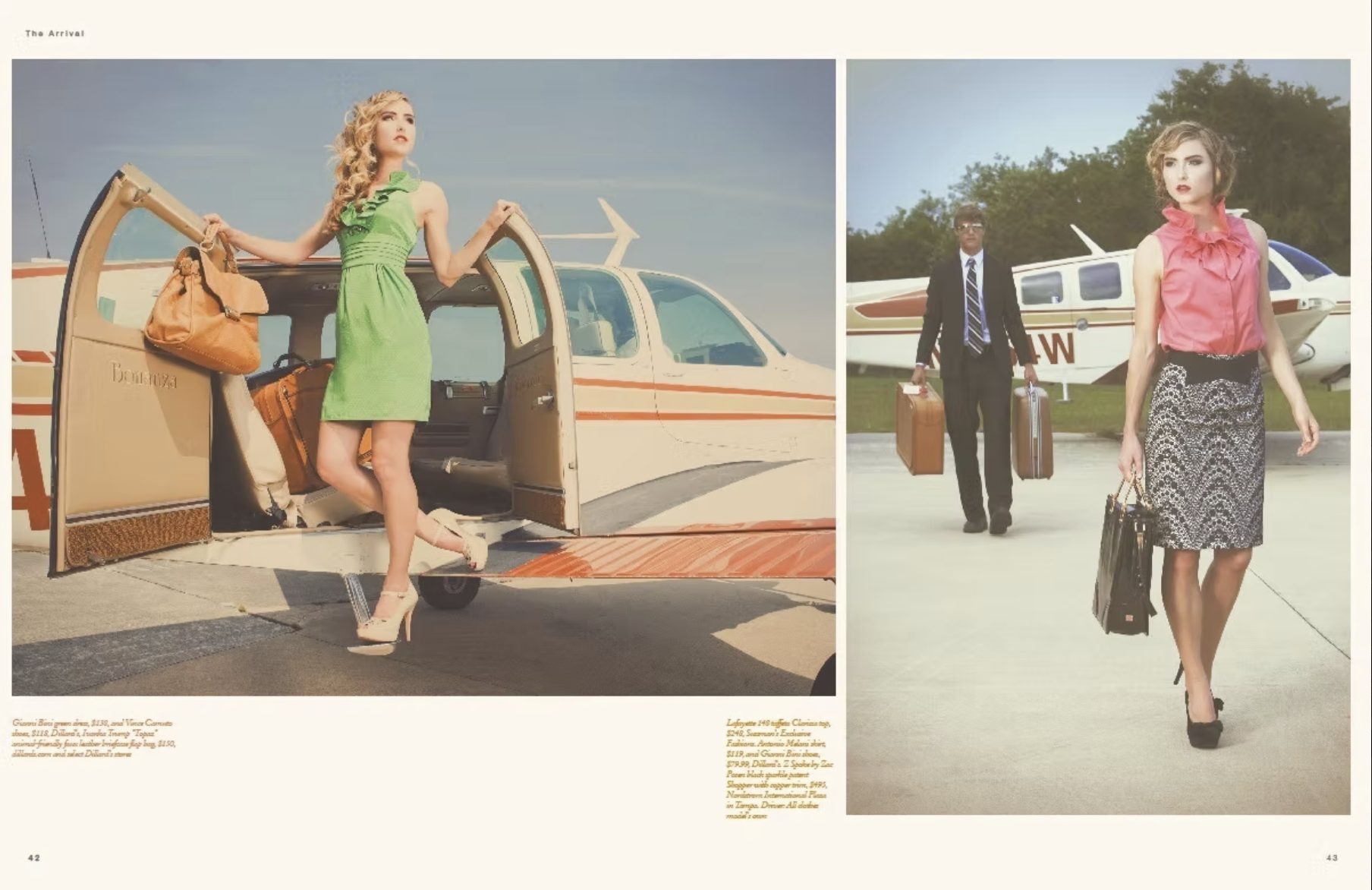 Two women arriving at an airport with private planes in the background. The woman on the left is stepping out of a beige and orange small aircraft wearing a bright green dress, high heels, and carrying a large tan handbag. The woman on the right is w