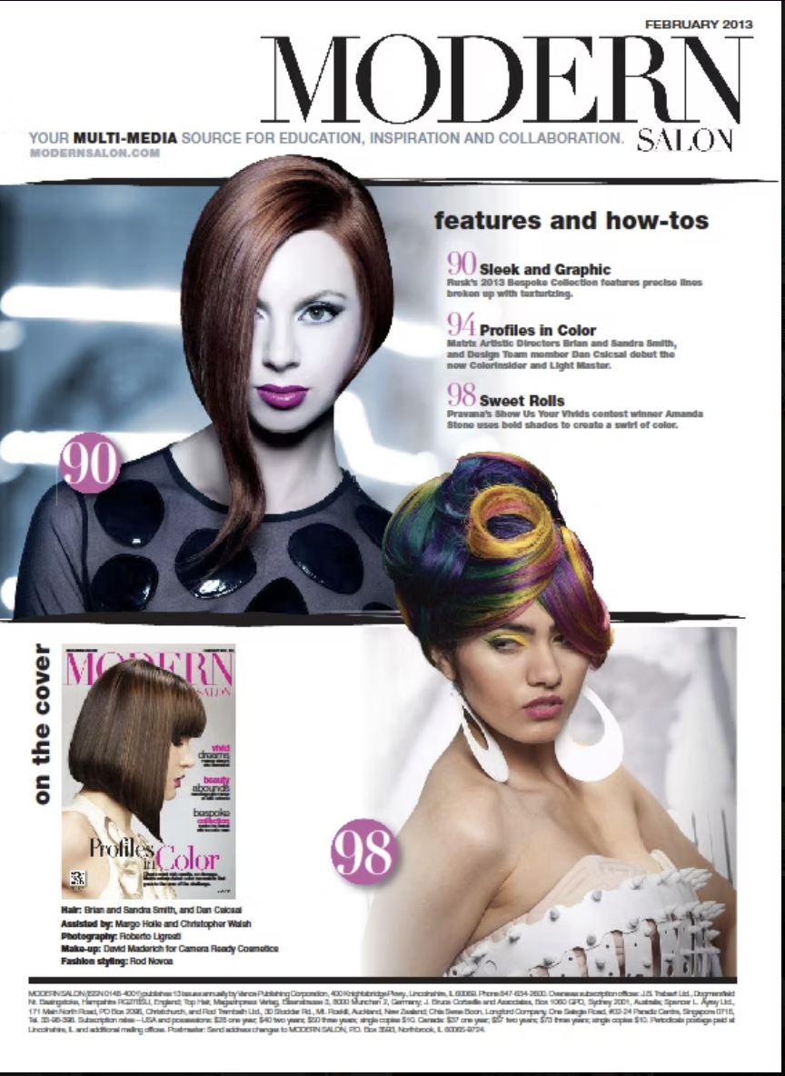 Cover of Modern Salon magazine, February 2013, featuring images of three women with different hairstyles and hair colors, along with headlines about hair features and trends.