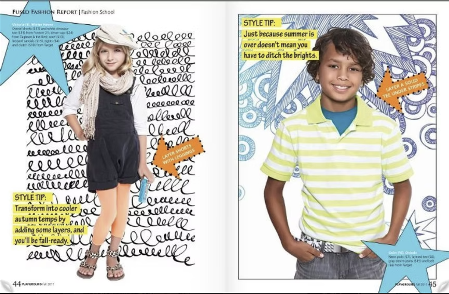 Page from a fashion magazine featuring two children modeling summer outfits. The girl on the left is wearing a white top, black shorts, a beige scarf, a hat, and leopard-print sandals, holding a blue object. The boy on the right is wearing a yellow a
