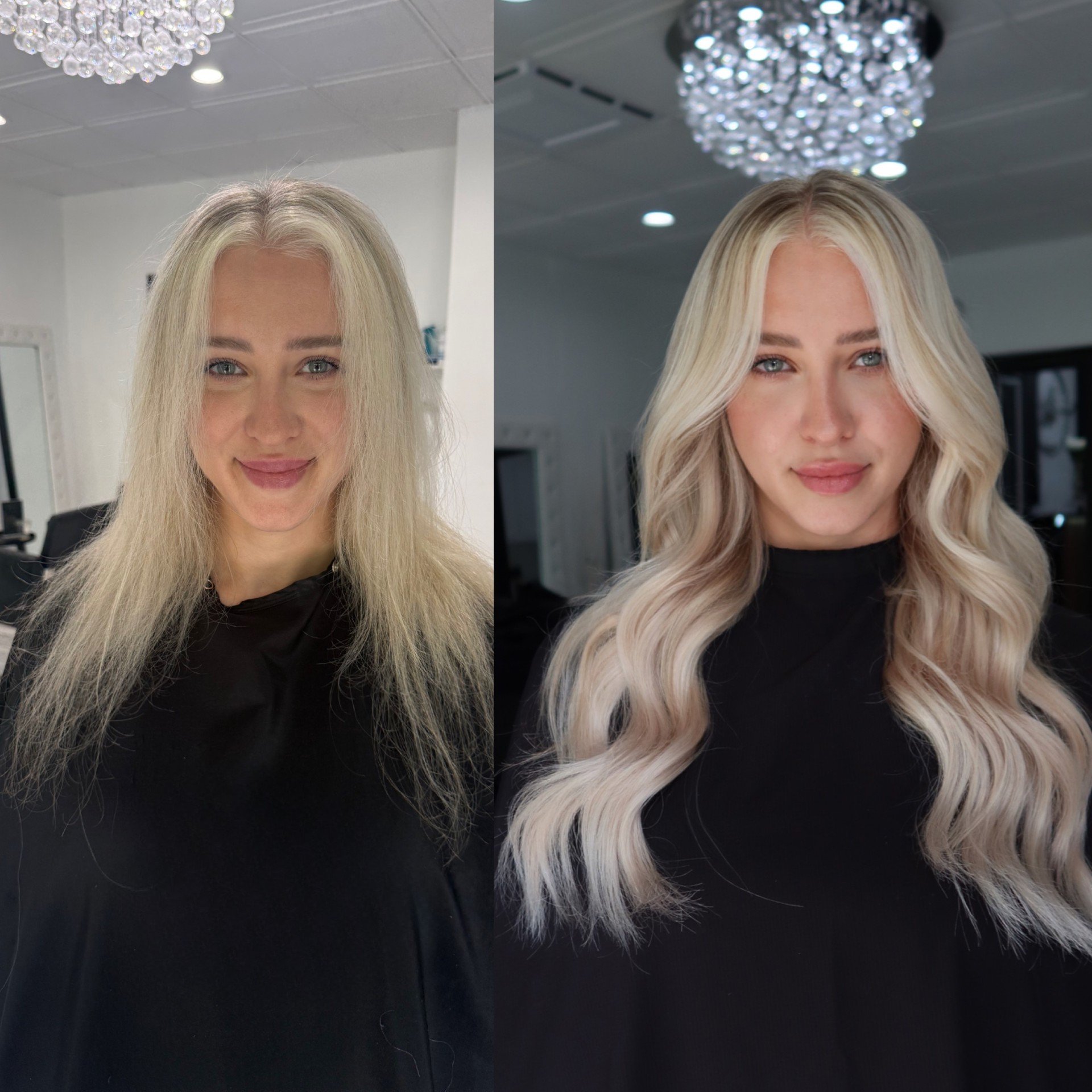 Before and after hair  extensions preformed at Salon amoura near ucf, downtown Orlando, Avalon park, Waterford lakes, and oviedo specializing in hand tied hair extensions  24 inch wefts