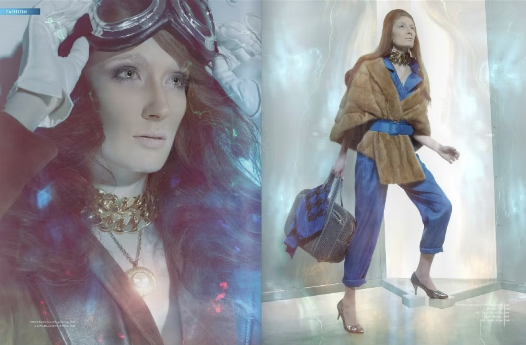 A fashion advertisement display featuring a large image of a woman with long red hair, wearing layered jewelry, and a stylish outfit. To the right, a mannequin dressed in a brown fur coat, blue top, blue pants, and high heels, holding a patterned han