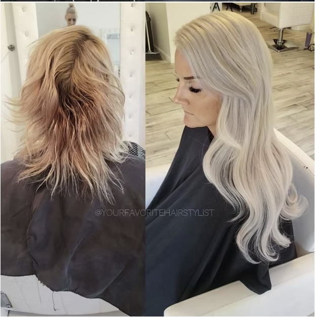 Side-by-side comparison of a woman with messy, light auburn hair on the left and smooth, platinum blonde, wavy hair on the right, showing a hair transformation.