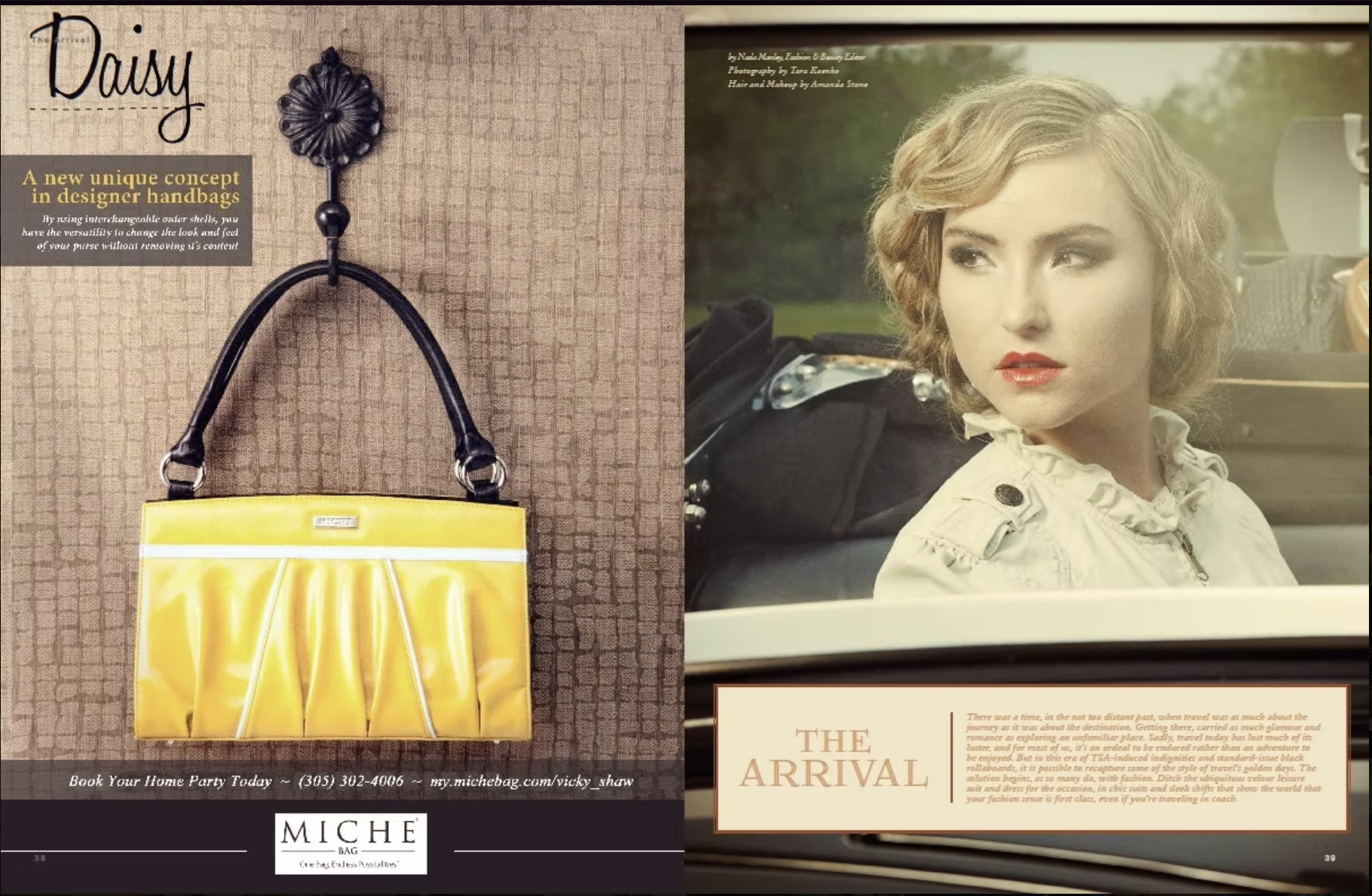 A yellow designer handbag with black handles shown next to a photograph of a woman with short blonde hair, wearing a beige jacket, seated in a vehicle, with greenery visible outside.