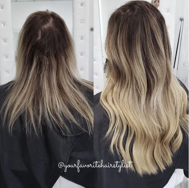 Side-by-side comparison of a woman's hair before and after a professional hair coloring and styling.