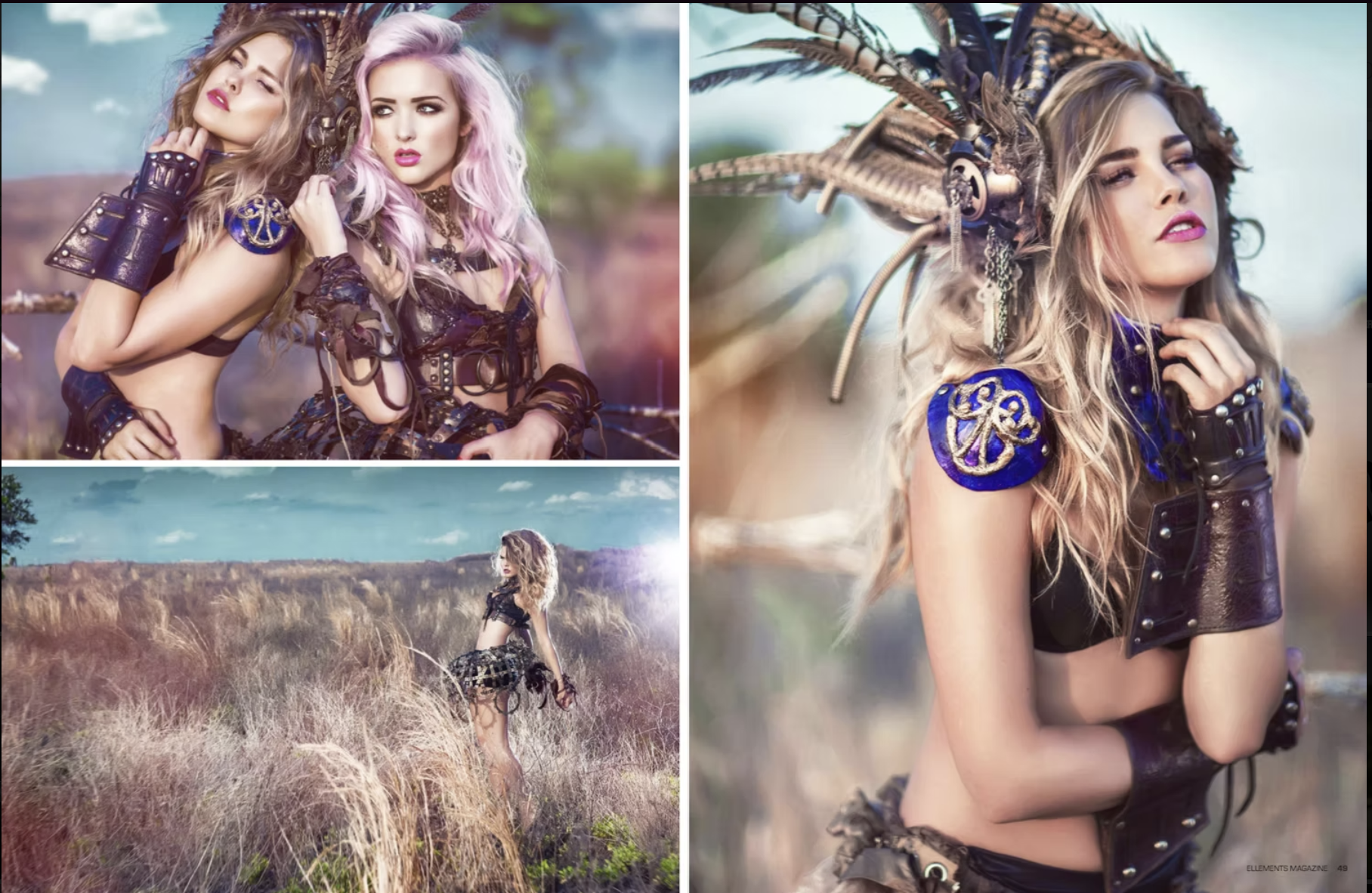 A collage of three photos features two women in a natural outdoor setting with tall grasses and a clear sky. The women are dressed in edgy, fantasy-inspired clothing with leather, metal, and decorative patches, and they each have elaborate feathered 